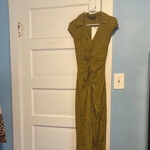 Zara Olive Green Ruched Midi Dress